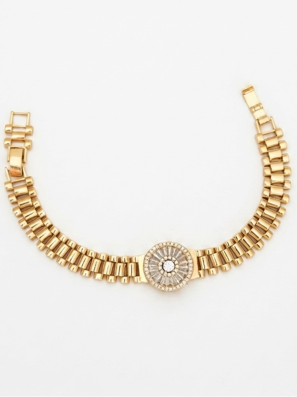 14K Gold Plated Rhodium Zircon Baguette Watch Style Adjustable Bracelet - Picture 2 of 4